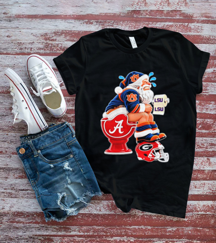 Auburn Santa On Alabama Crimson Tide Toilet With LSU Paper Georgia Bulldogs Helmet Football Humor T-Shirt