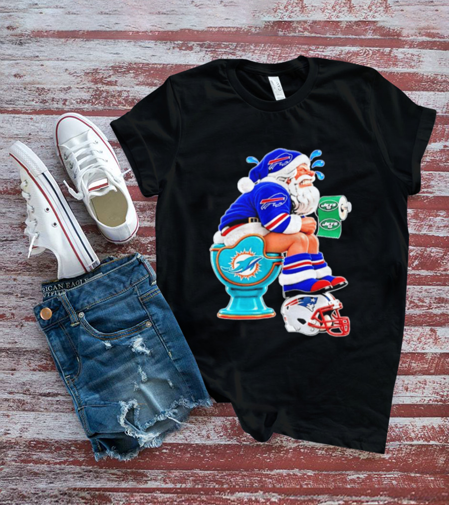 Buffalo Bills Santa On Miami Dolphins Toilet With NY Jets Paper And Patriots Helmet T-Shirt