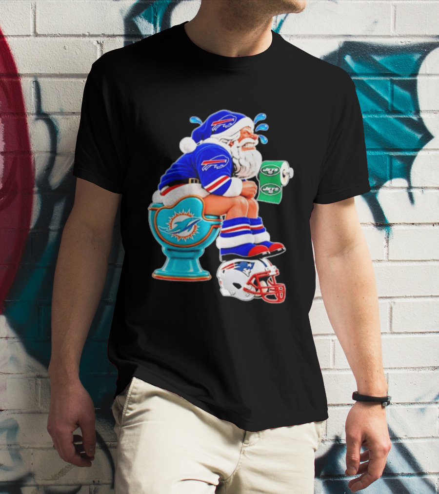 Buffalo Bills Santa On Miami Dolphins Toilet With NY Jets Paper And Patriots Helmet T-Shirt