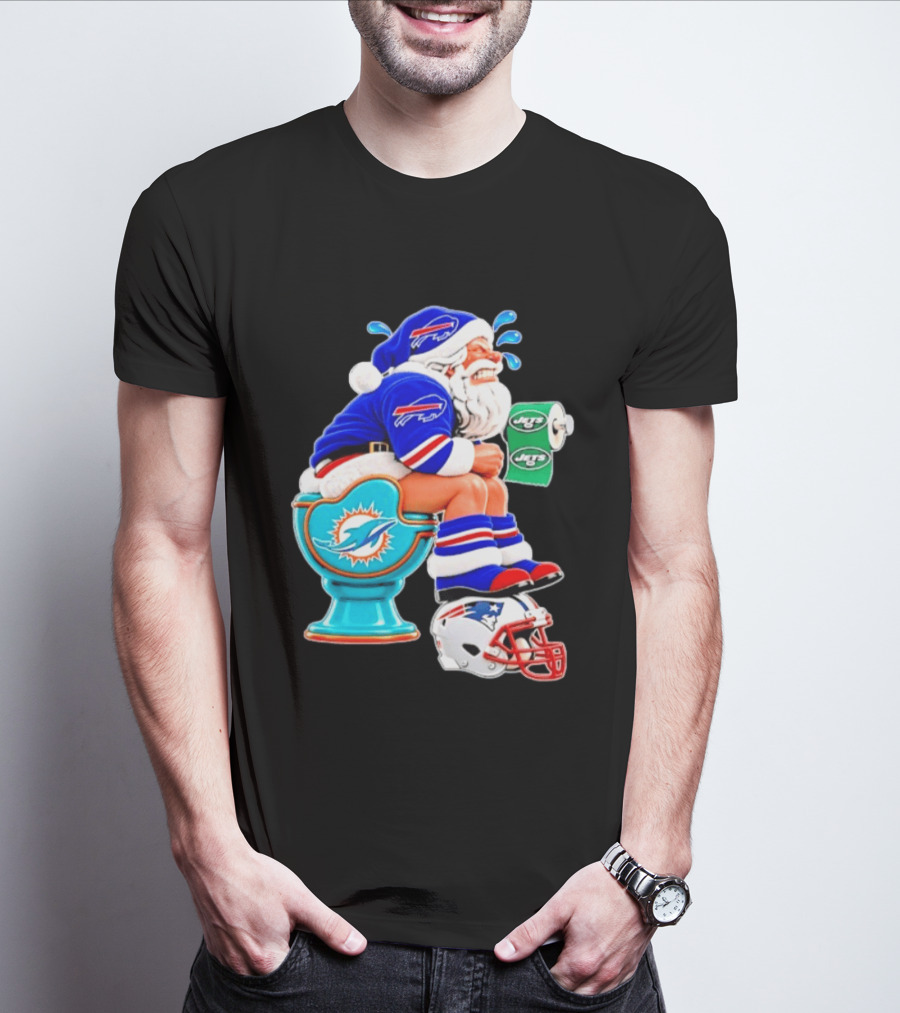 Buffalo Bills Santa On Miami Dolphins Toilet With NY Jets Paper And Patriots Helmet T-Shirt