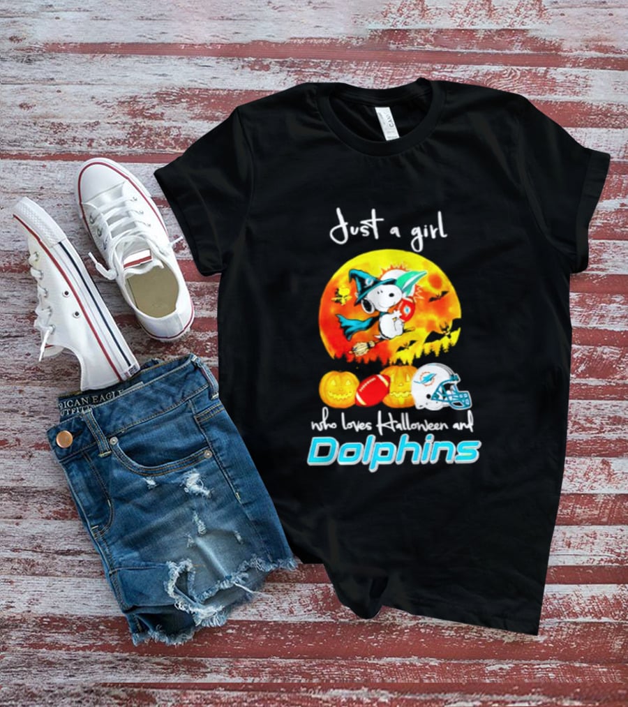 Just A Girl Who Loves Halloween And Miami Dolphins Snoopy Woodstock Pumpkin Football T-Shirt
