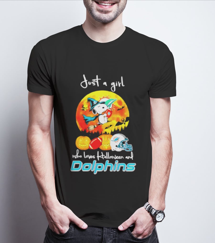 Just A Girl Who Loves Halloween And Miami Dolphins Snoopy Woodstock Pumpkin Football T-Shirt