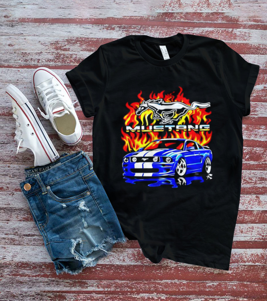 Mustang Blue Car With Flaming Horse And Fire T-Shirt