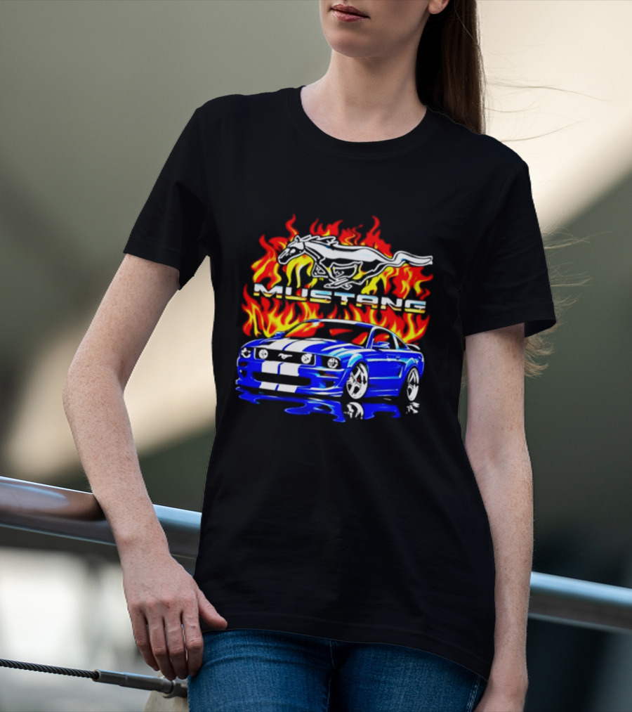Mustang Blue Car With Flaming Horse And Fire T-Shirt