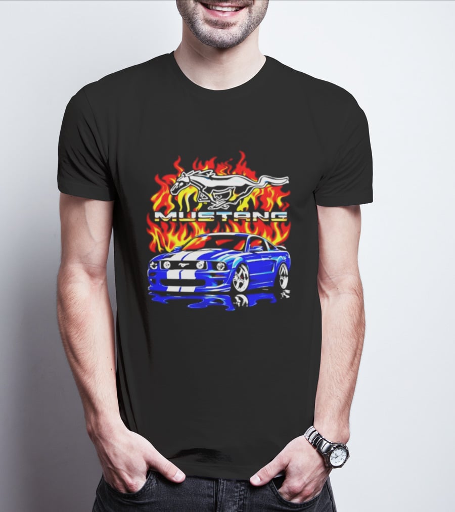 Mustang Blue Car With Flaming Horse And Fire T-Shirt