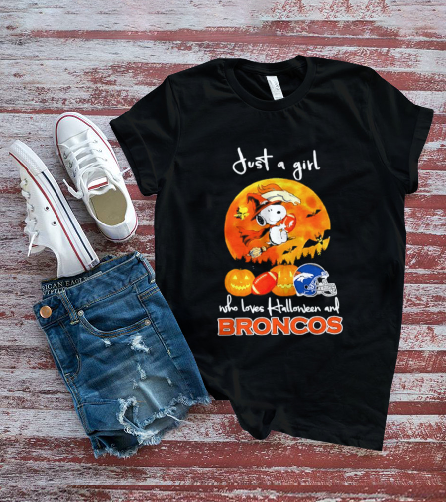 Just A Girl Who Loves Halloween And Broncos Football With Snoopy And Woodstock In Pumpkin T-Shirt