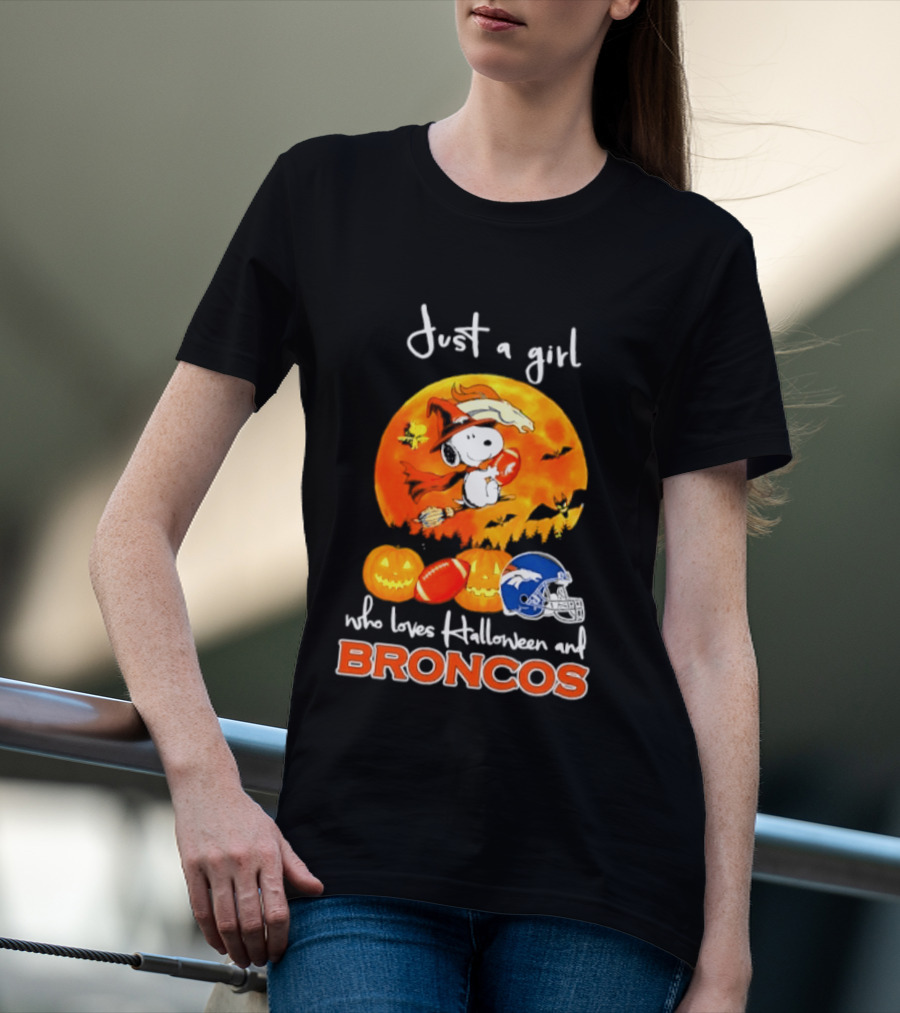 Just A Girl Who Loves Halloween And Broncos Football With Snoopy And Woodstock In Pumpkin T-Shirt