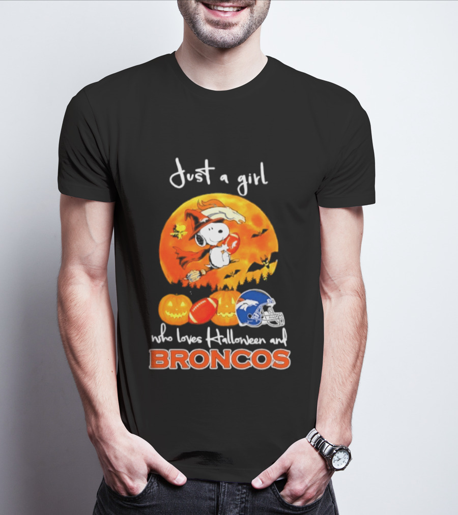Just A Girl Who Loves Halloween And Broncos Football With Snoopy And Woodstock In Pumpkin T-Shirt