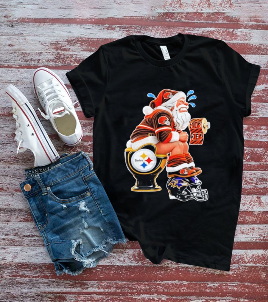 Santa Claus Cleveland Browns Toilet Sitting Steelers Ravens Bengals Meme T-Shirt