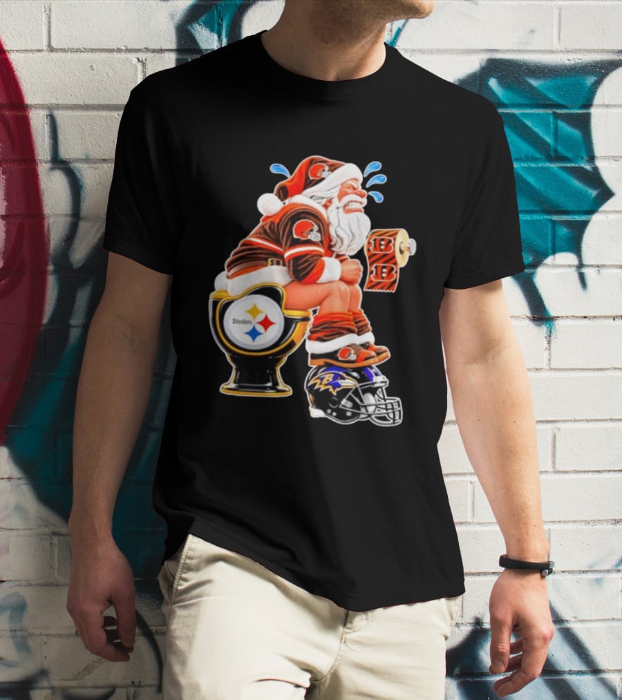 Santa Claus Cleveland Browns Toilet Sitting Steelers Ravens Bengals Meme T-Shirt