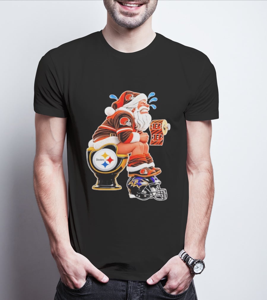 Santa Claus Cleveland Browns Toilet Sitting Steelers Ravens Bengals Meme T-Shirt