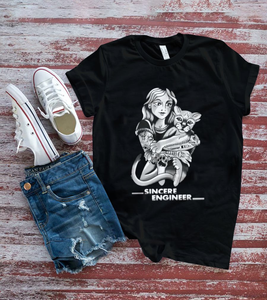 Sincere Engineer Punk Alternative Tattooed Girl Hugging Cat T-Shirt