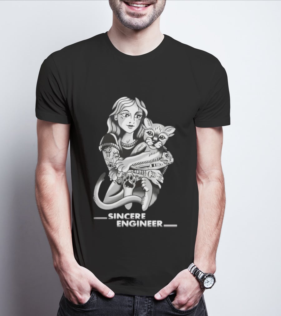 Sincere Engineer Punk Alternative Tattooed Girl Hugging Cat T-Shirt