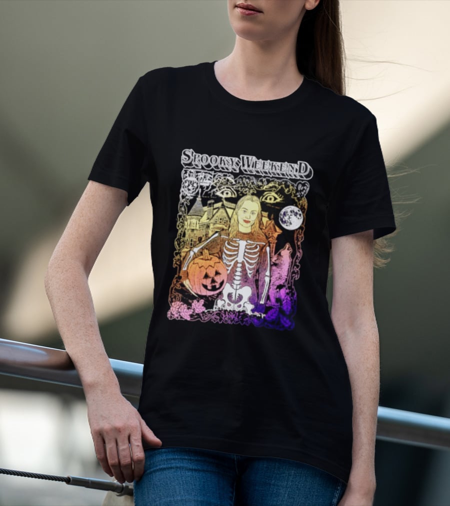 Spooky Weekend Skeleton Pumpkin Haunted House Halloween Magic Moonlit Night T-Shirt