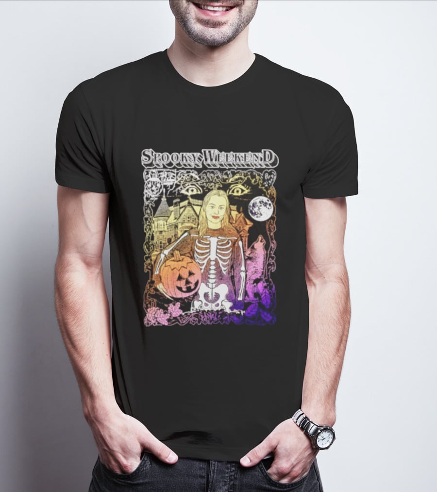 Spooky Weekend Skeleton Pumpkin Haunted House Halloween Magic Moonlit Night T-Shirt