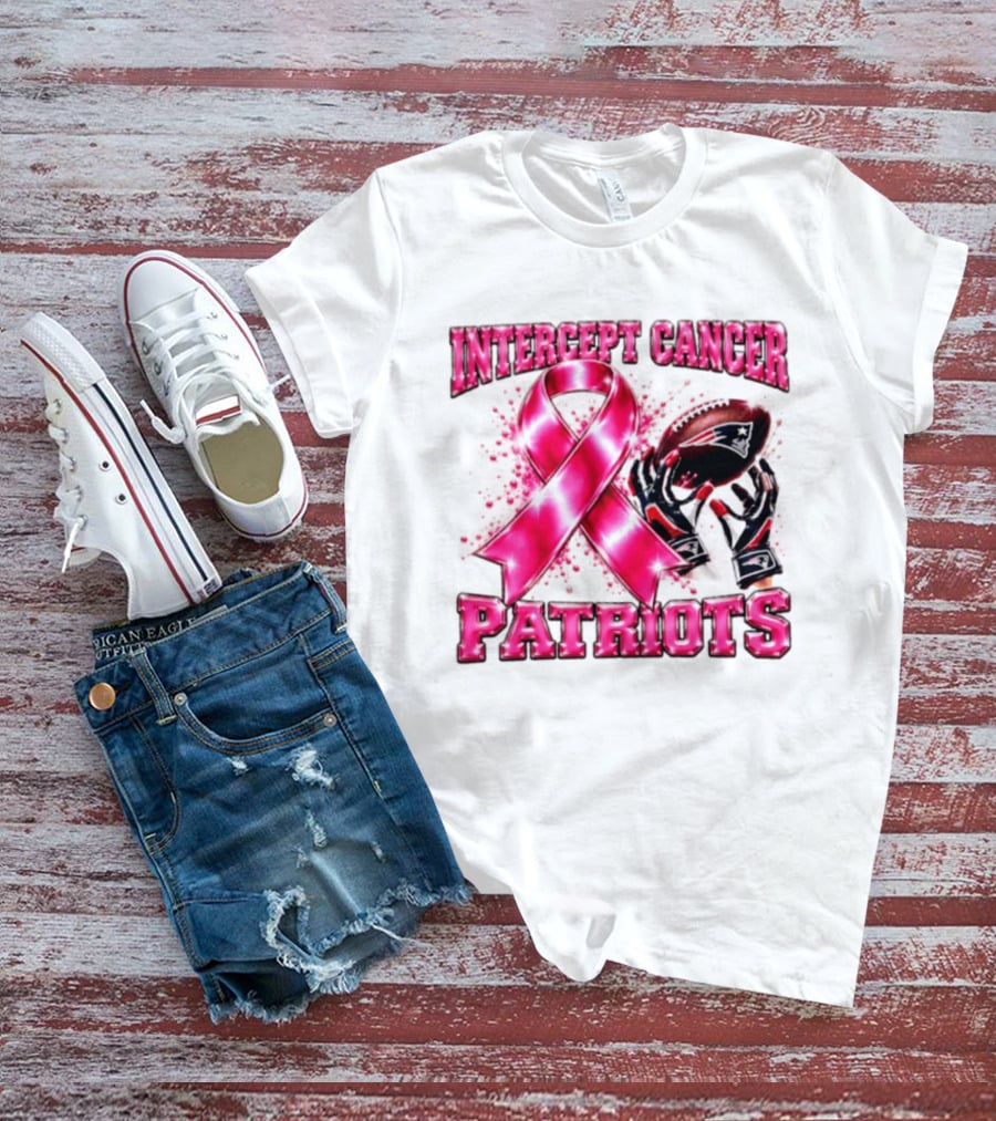 Intercept Cancer New England Patriots 2026 Football Gloves Pink Ribbon Awareness T-Shirt