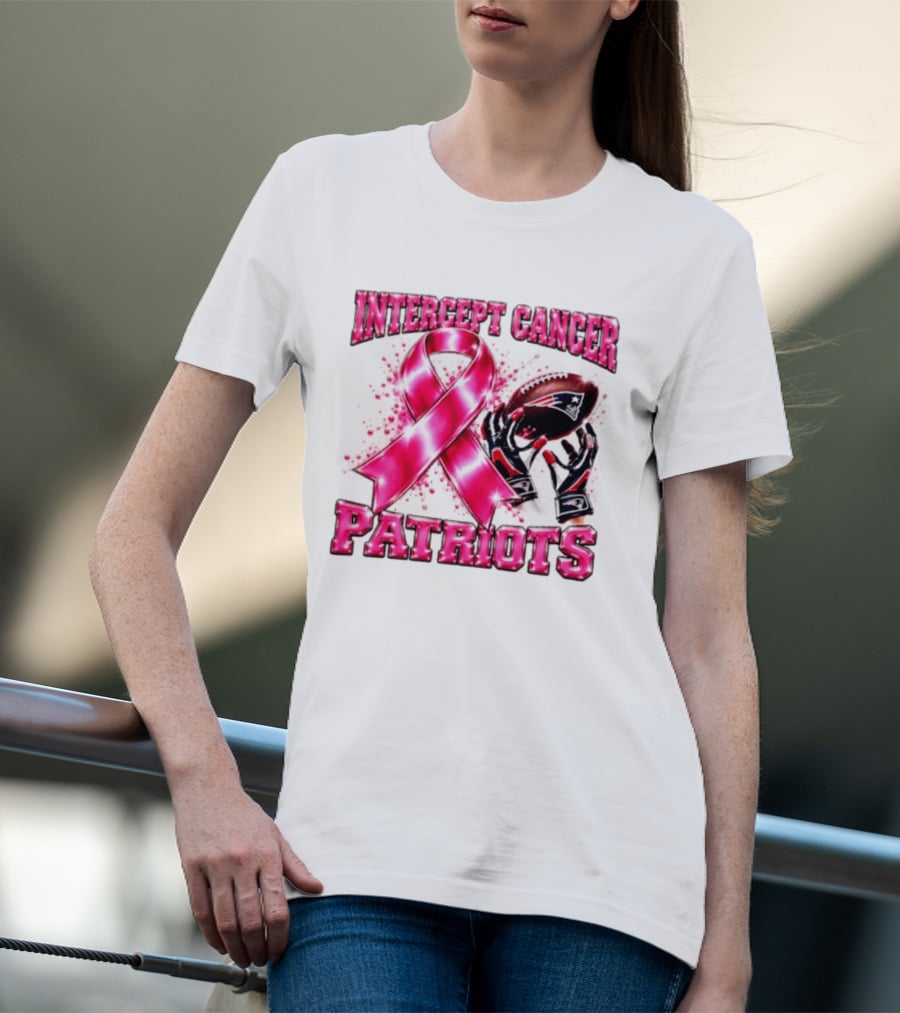 Intercept Cancer New England Patriots 2026 Football Gloves Pink Ribbon Awareness T-Shirt