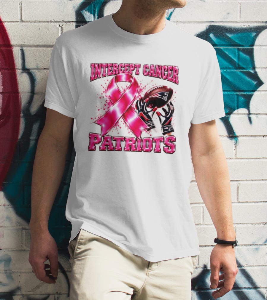 Intercept Cancer New England Patriots 2026 Football Gloves Pink Ribbon Awareness T-Shirt