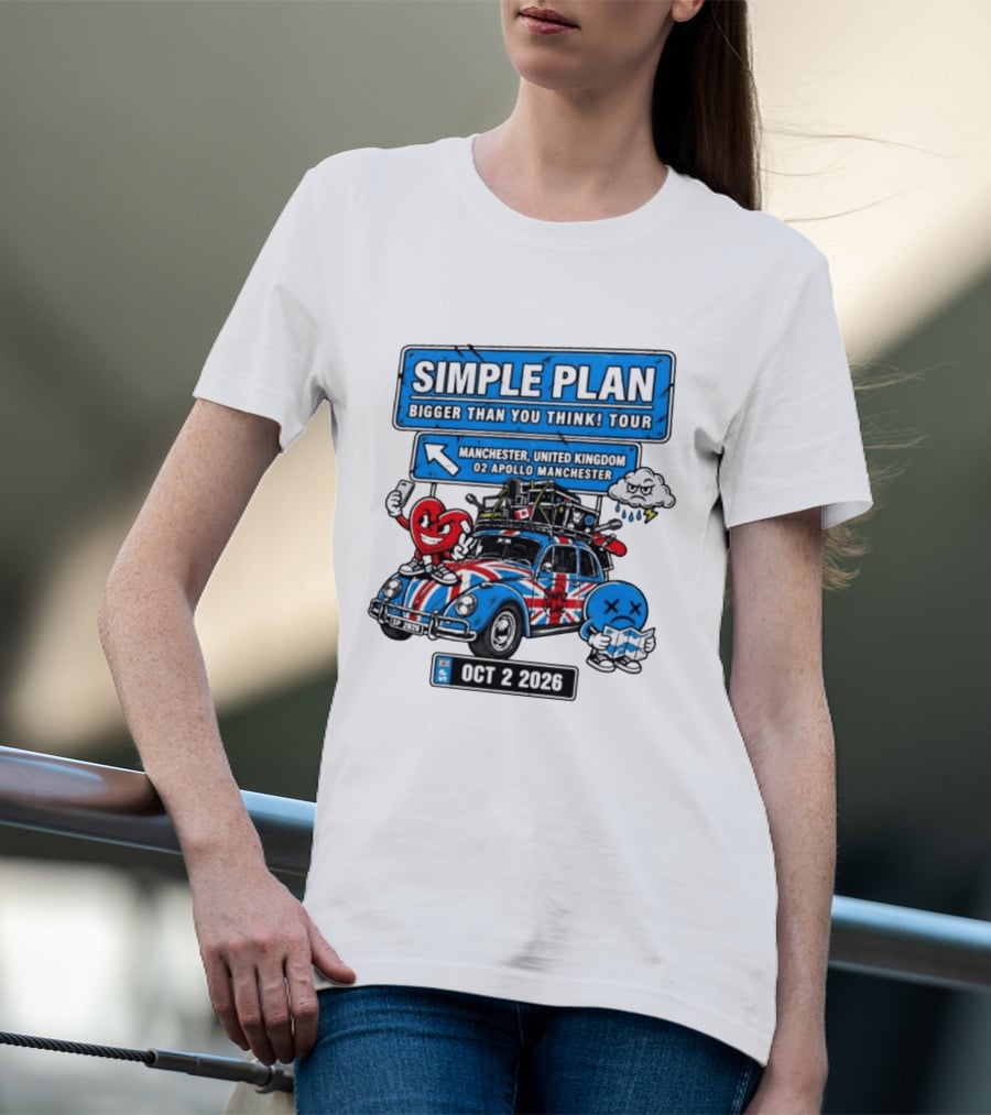 Simple Plan Bigger Than You Think Tour Manchester O2 Apollo Oct 2 2026 Car And Characters T-Shirt