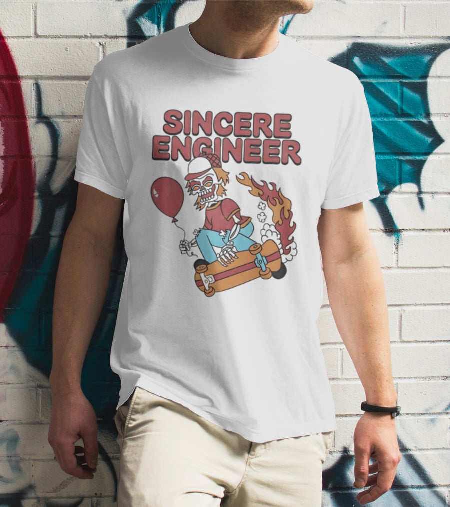 Sincere Engineer Skeleton Skateboarder With Balloon And Flaming Wheels T-Shirt