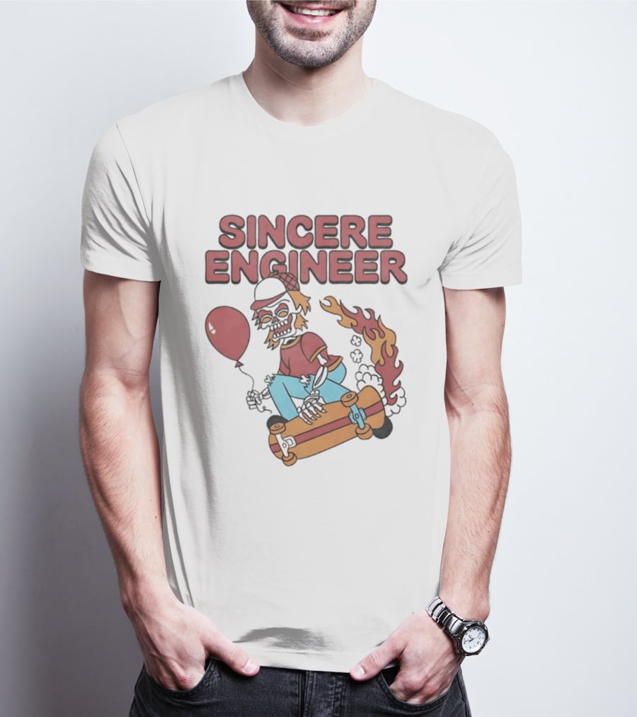 Sincere Engineer Skeleton Skateboarder With Balloon And Flaming Wheels T-Shirt