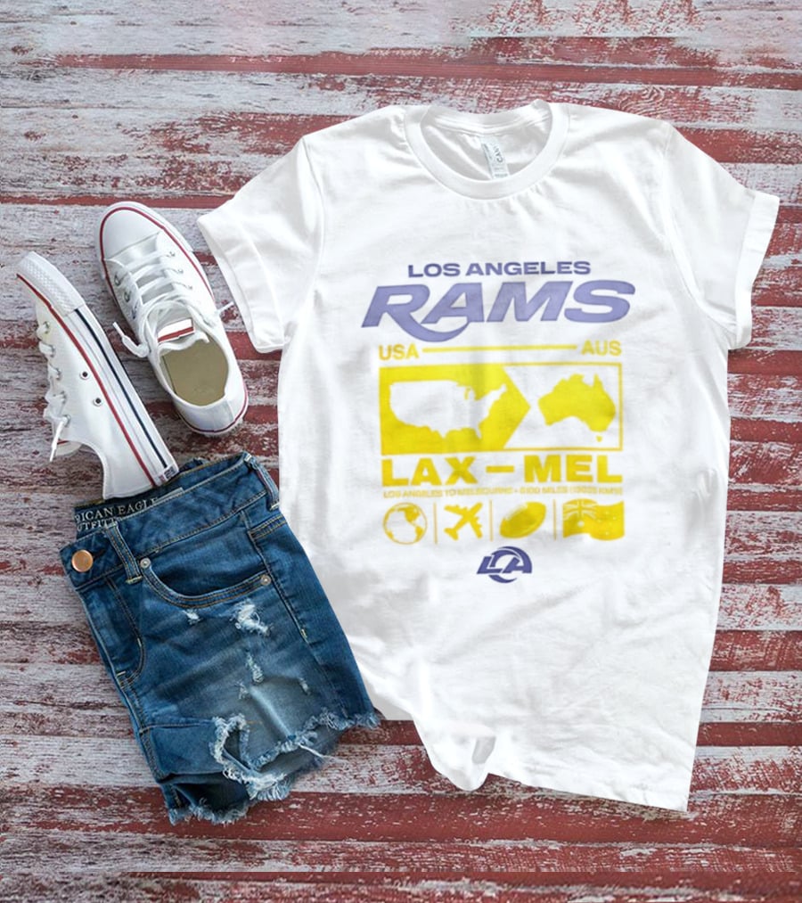 Los Angeles Rams LAX To MEL 2026 USA To Australia Football Journey T-Shirt