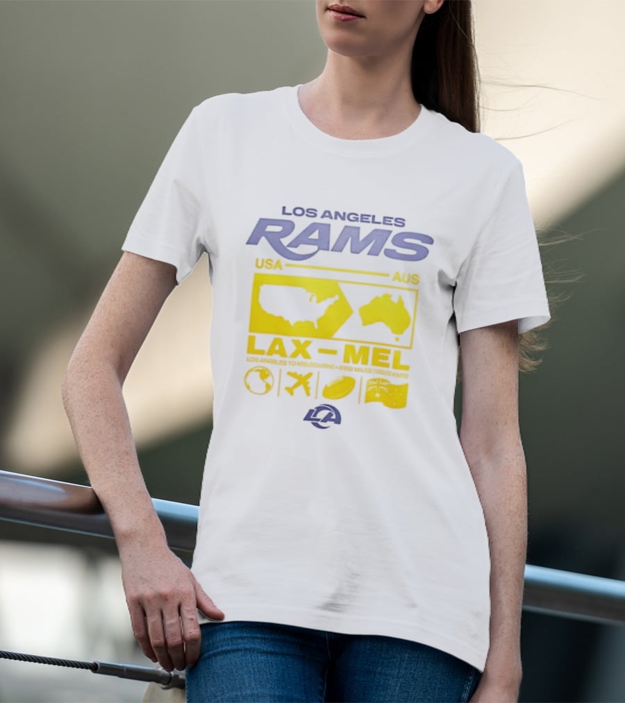 Los Angeles Rams LAX To MEL 2026 USA To Australia Football Journey T-Shirt