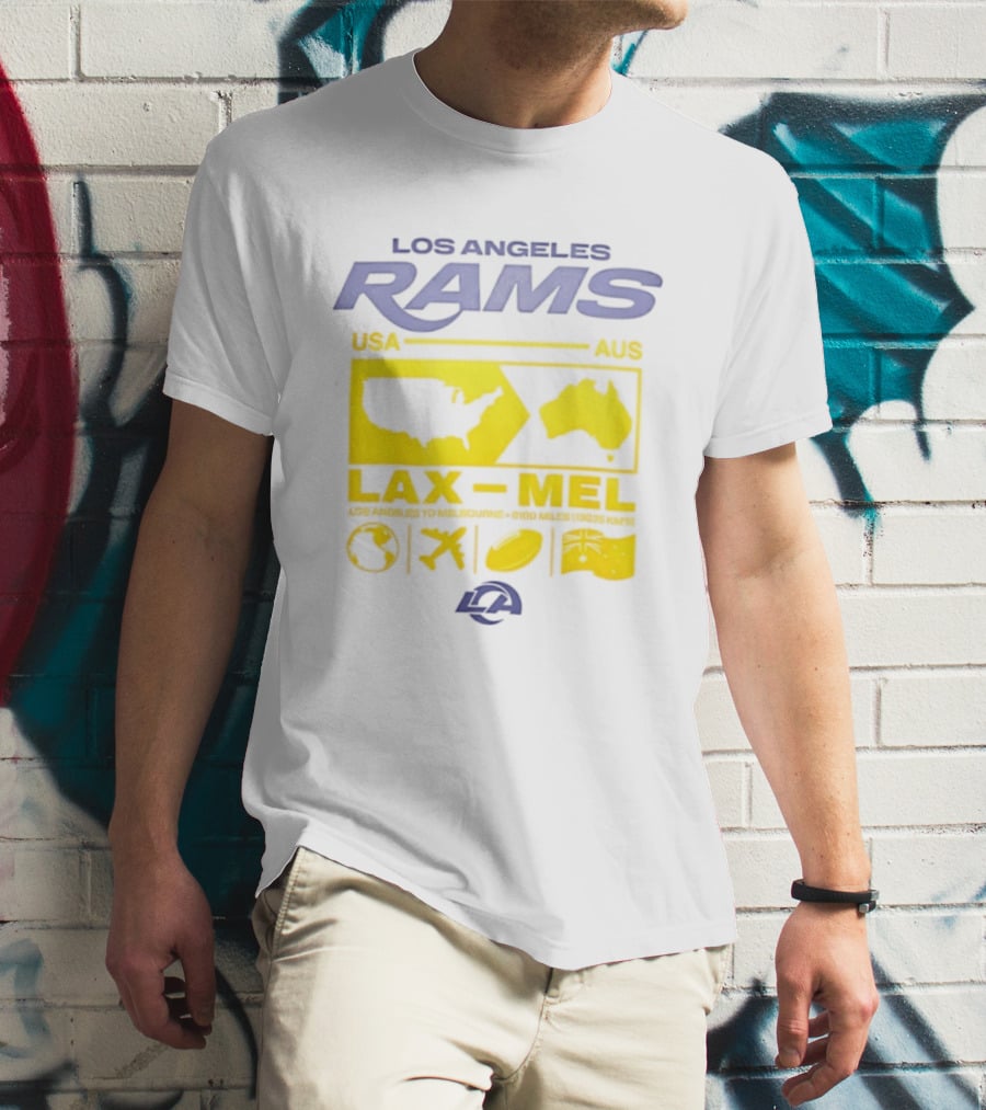 Los Angeles Rams LAX To MEL 2026 USA To Australia Football Journey T-Shirt