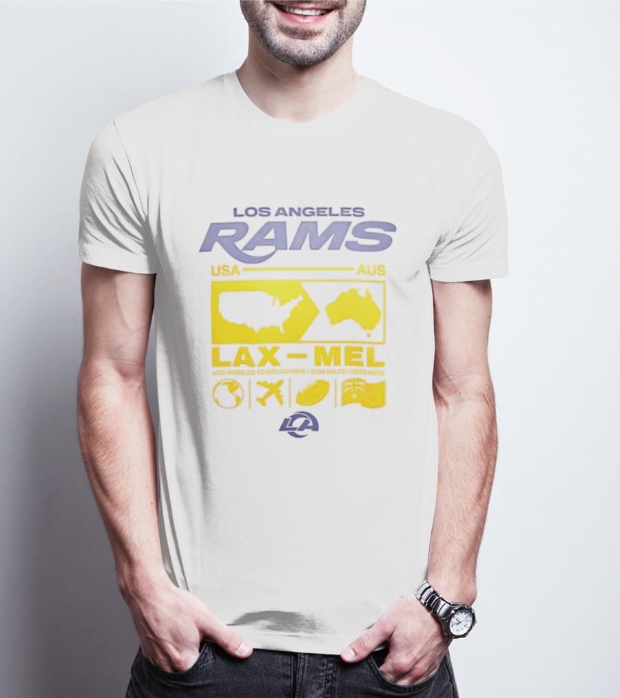 Los Angeles Rams LAX To MEL 2026 USA To Australia Football Journey T-Shirt