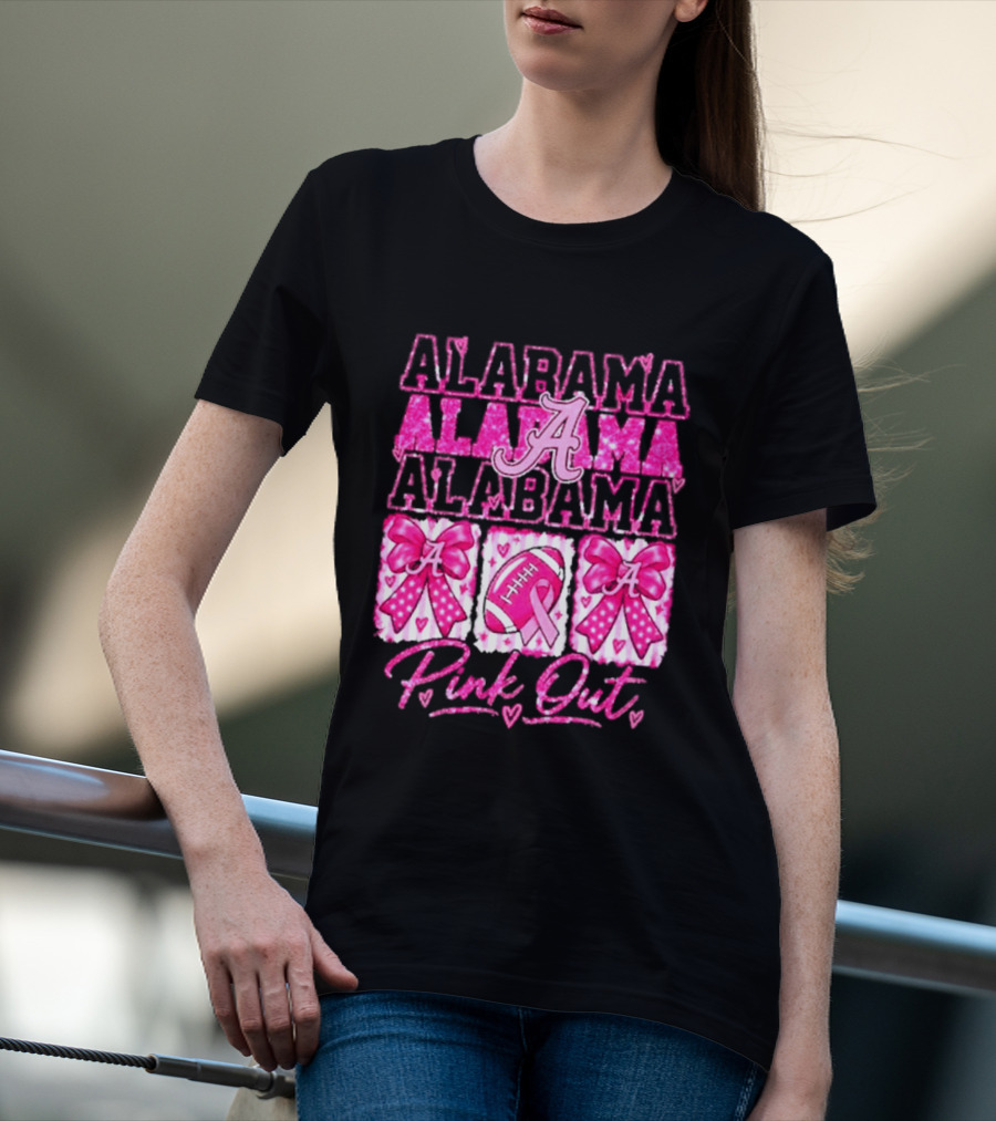 Alabama Crimson Tide A Pink Out Breast Cancer Awareness Football Bow Game Day T-Shirt