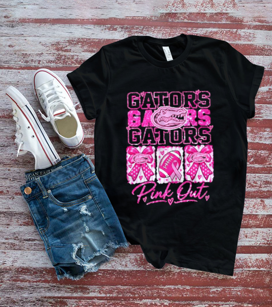 Gators Pink Out Breast Cancer Awareness Game Day Bow Ribbon Football T-Shirt