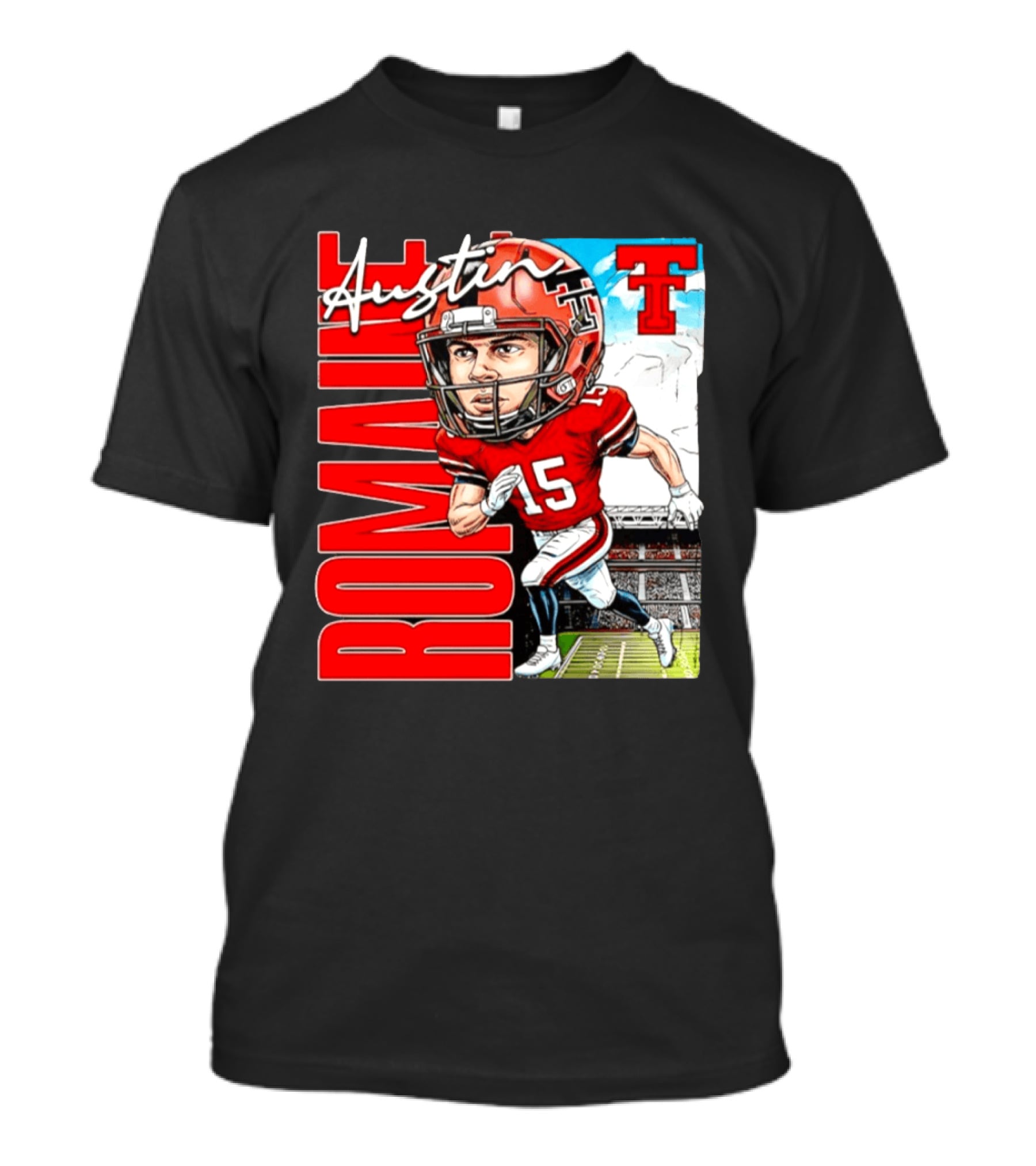 Austin Romaine Texas Tech Red Raiders Football NCAA Stadium Caricature T-Shirt