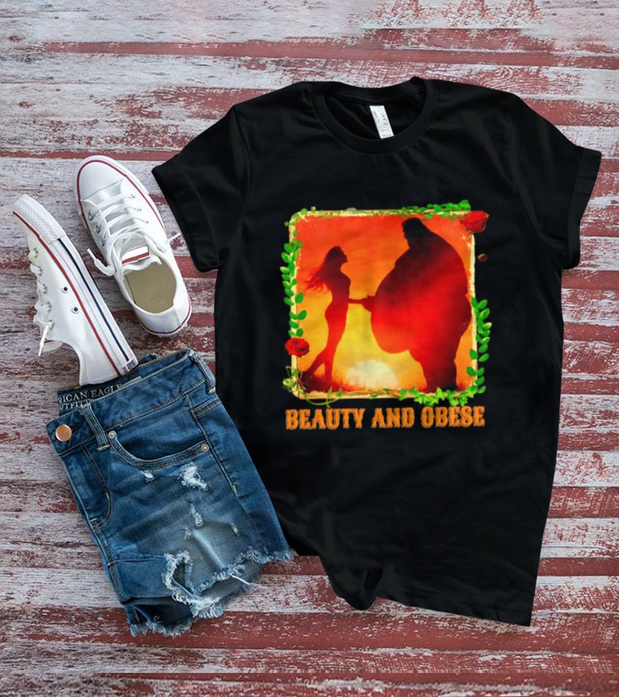 Beauty And Obese Romantic Satire With Sunset Silhouette And Roses T-Shirt