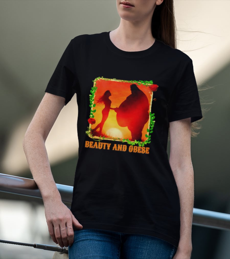 Beauty And Obese Romantic Satire With Sunset Silhouette And Roses T-Shirt