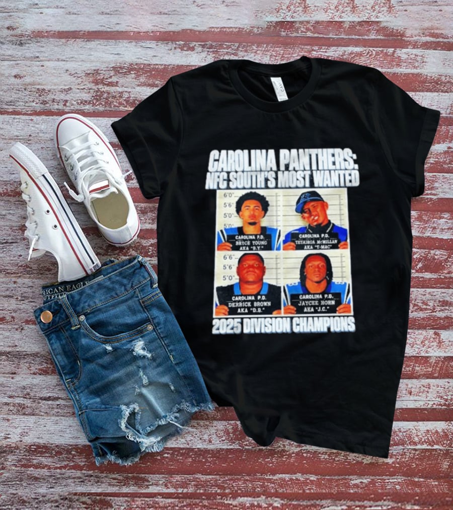 Carolina Panthers NFC South's Most Wanted Bryce Young Derrick Brown Jaycee Horn 2025 Division Champions T-Shirt