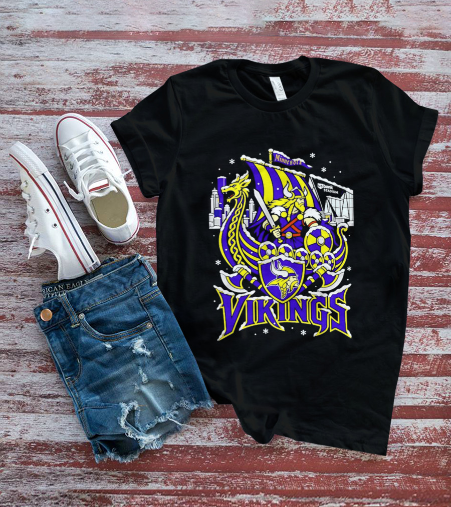 Minnesota Vikings Ship US Bank Stadium Winter City Skyline T-Shirt