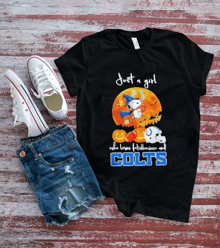 Just A Girl Who Loves Halloween And Colts Snoopy Woodstock Collaboration T-Shirt