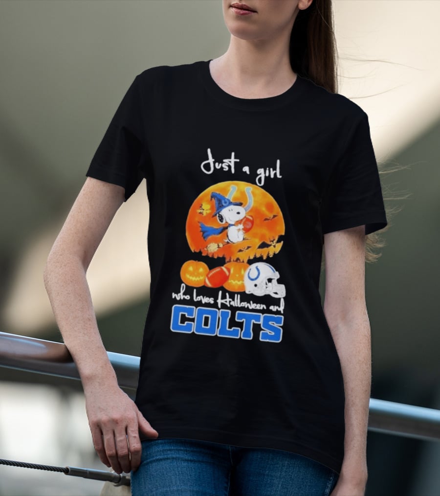 Just A Girl Who Loves Halloween And Colts Snoopy Woodstock Collaboration T-Shirt