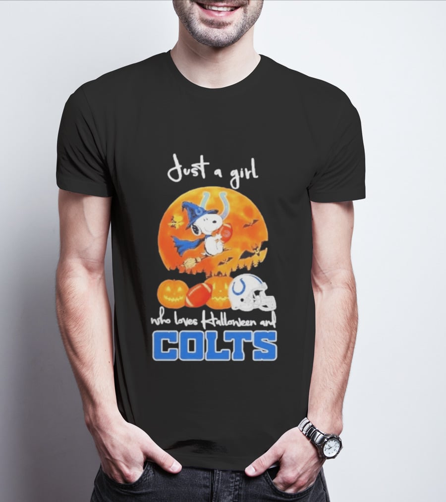 Just A Girl Who Loves Halloween And Colts Snoopy Woodstock Collaboration T-Shirt