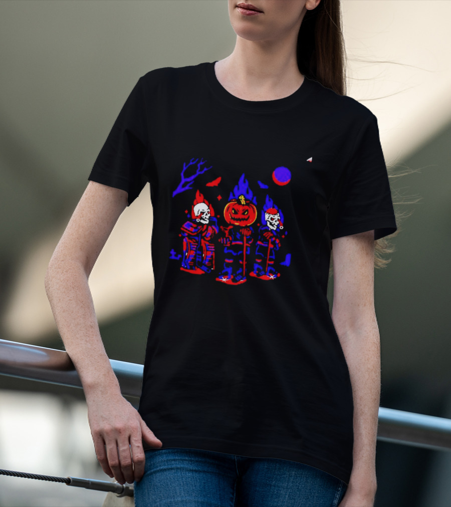 Halloween Pumpkin Skeleton Hockey Players Spooky Sports T-Shirt