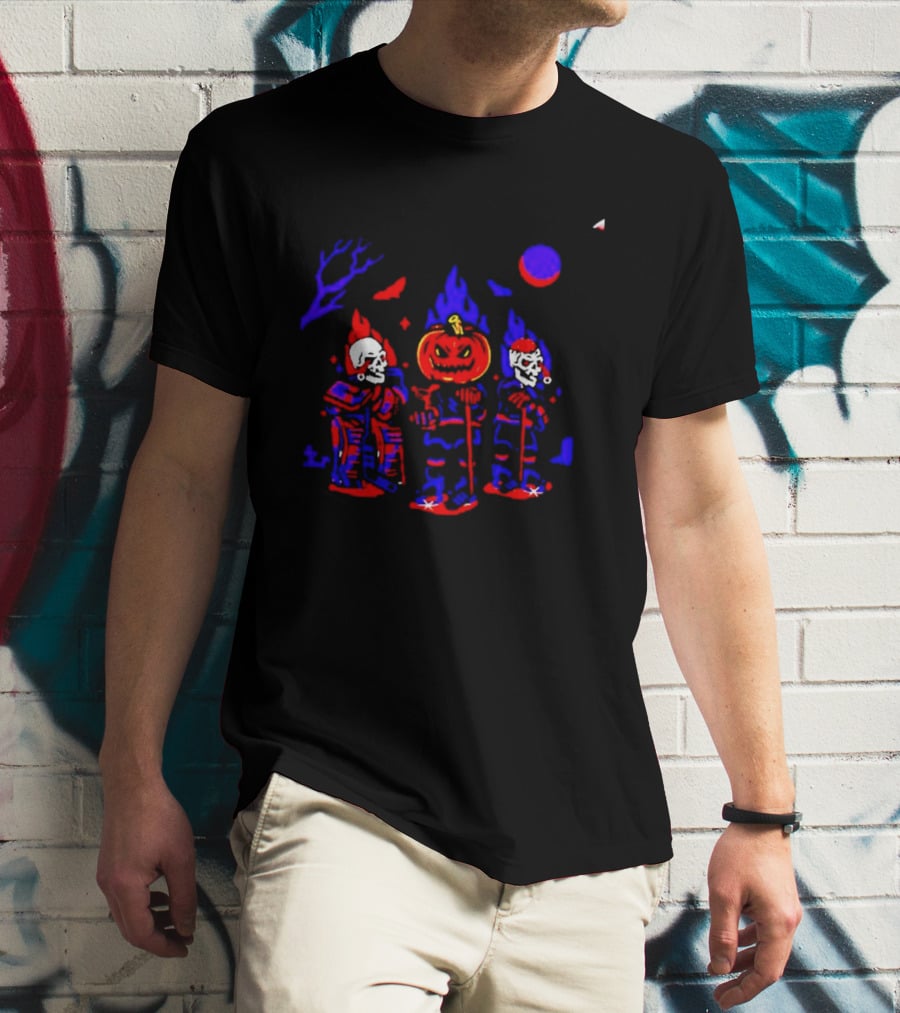 Halloween Pumpkin Skeleton Hockey Players Spooky Sports T-Shirt