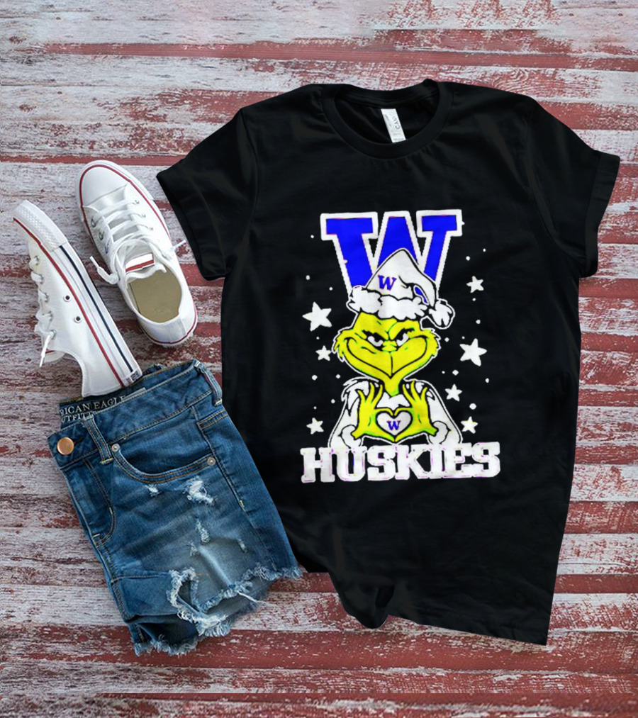 Washington Huskies Grinch Santa Hat Christmas Heart Hands W Monogram T-Shirt