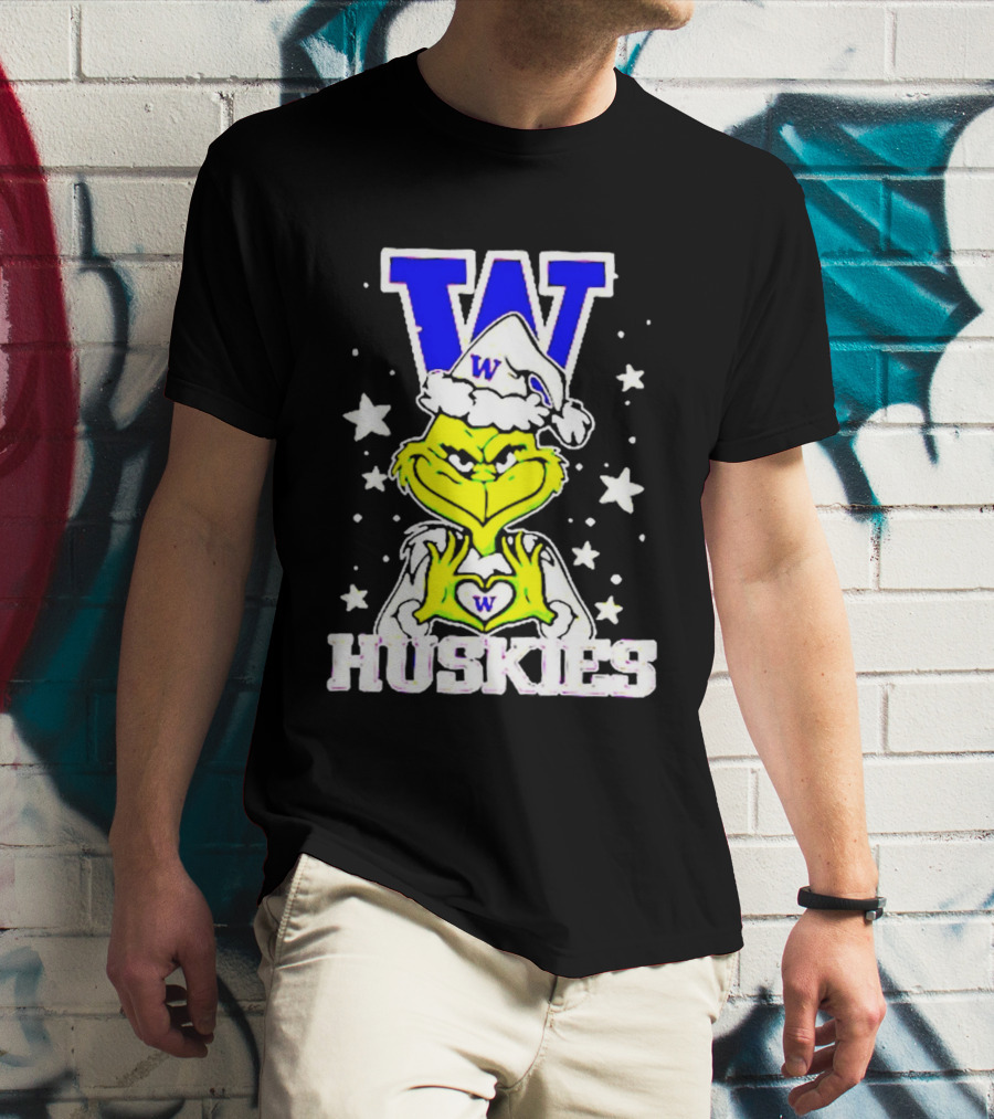 Washington Huskies Grinch Santa Hat Christmas Heart Hands W Monogram T-Shirt