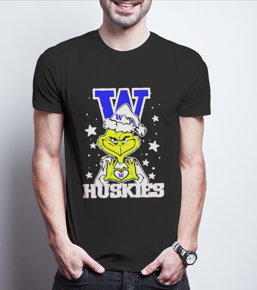 Washington Huskies Grinch Santa Hat Christmas Heart Hands W Monogram T-Shirt