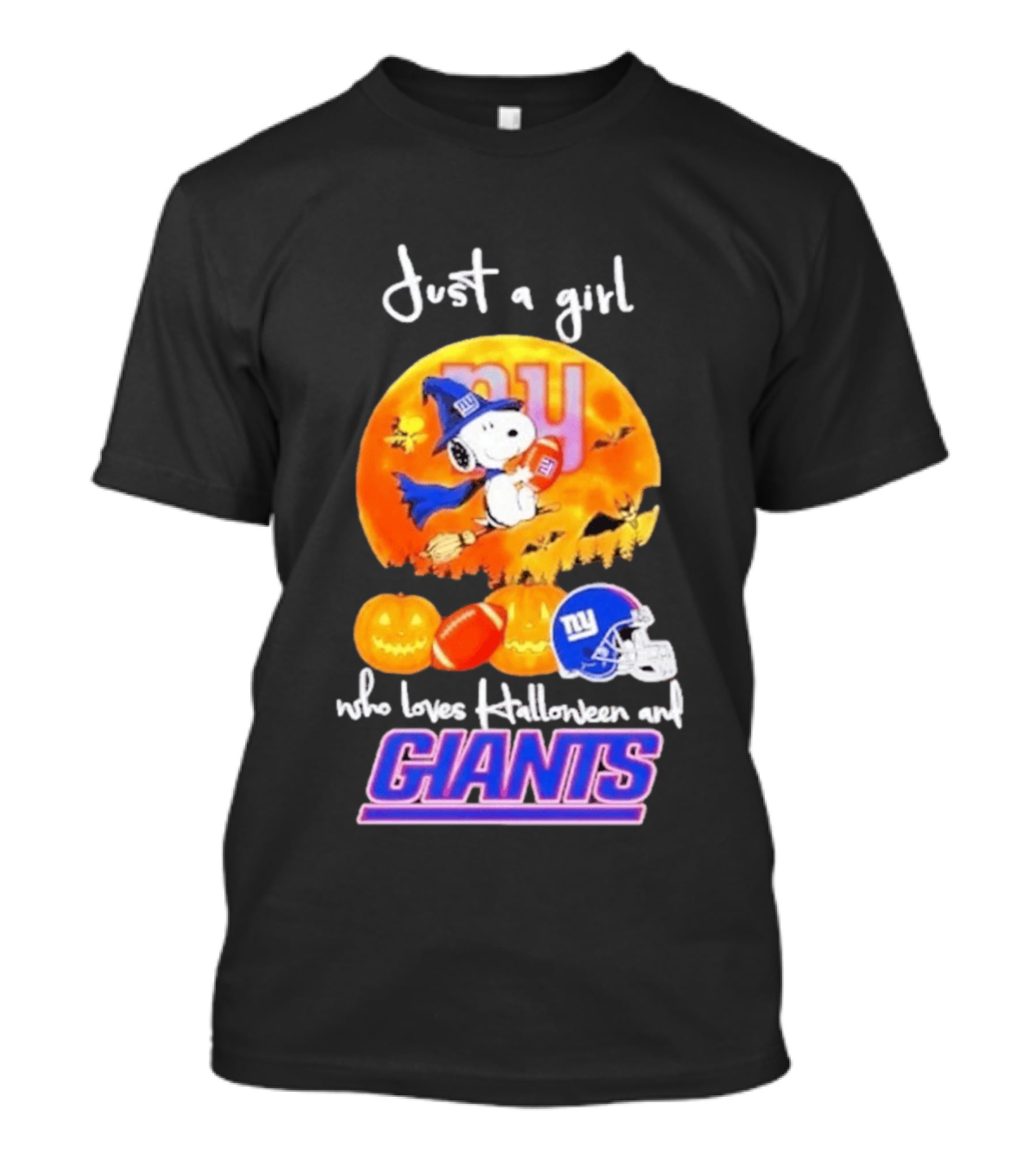 Just A Girl Who Loves Halloween New York Giants Snoopy Woodstock T-Shirt