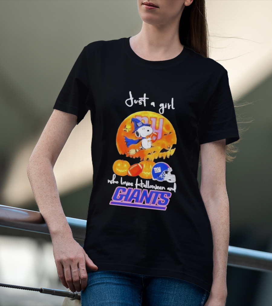 Just A Girl Who Loves Halloween New York Giants Snoopy Woodstock T-Shirt