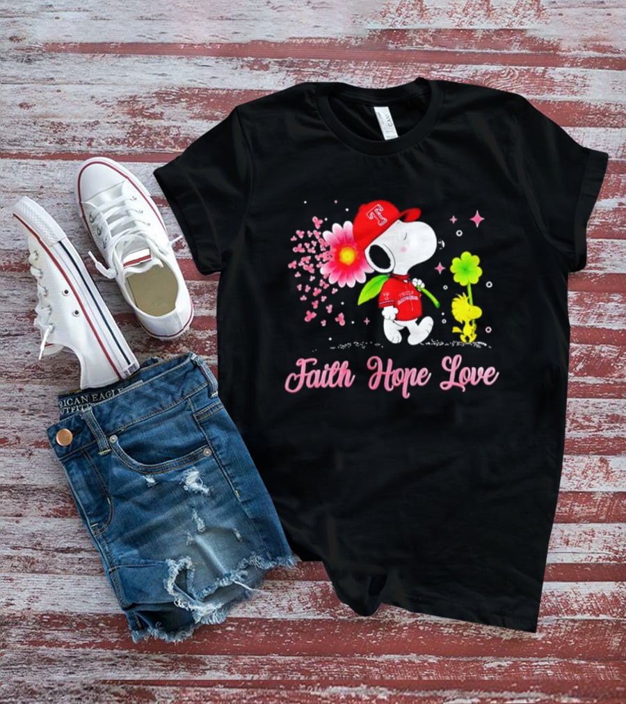 Texas Rangers Snoopy Faith Hope Love Breast Cancer Awareness 2026 T-Shirt