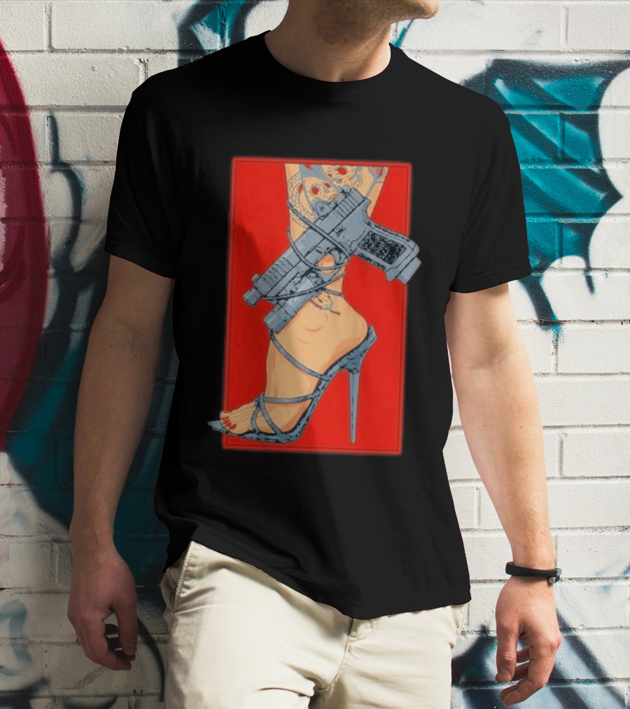 High Heel Stiletto With Gun And Tattoo Art On Red T-Shirt