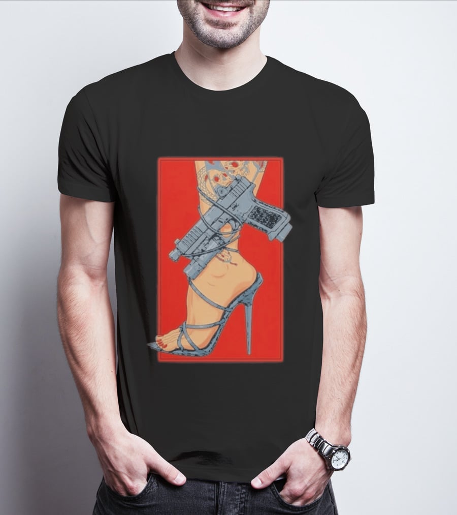 High Heel Stiletto With Gun And Tattoo Art On Red T-Shirt