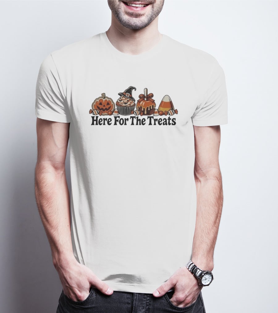 Here For The Treats Halloween Jack O Lantern Cupcake Candy T-Shirt